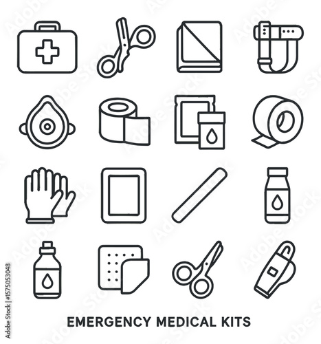 Emergency Medical Kits line art icons. First aid bag, trauma shears, emergency blanket, tourniquet, CPR mask, bandage roll, antiseptic wipes, adhesive tape, sterile gloves, trauma