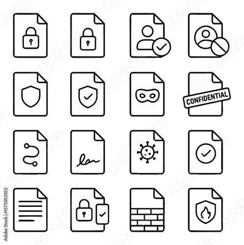 Data Security Files line art icons. Encrypted file, locked data file, permissioned file, access restricted, secure file, file with shield, masked data file, confidential file, file