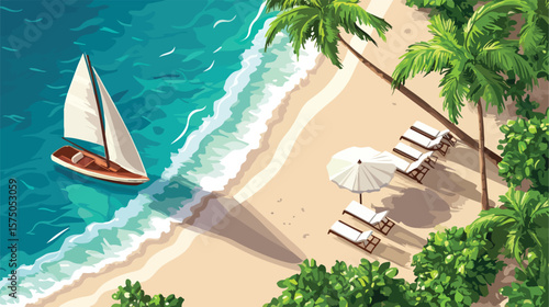 Isometric View of Tropical Sand Beach with Sun Umbrella