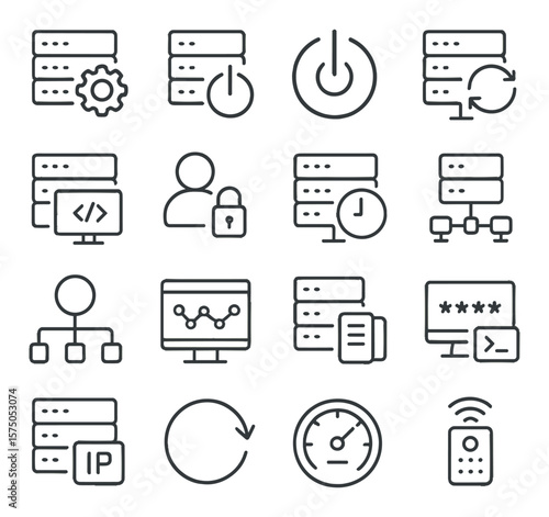 Server Management line art icons. Server settings, server restart, shutdown button, system update, server console, admin access, server uptime, server control panel, load balancer,