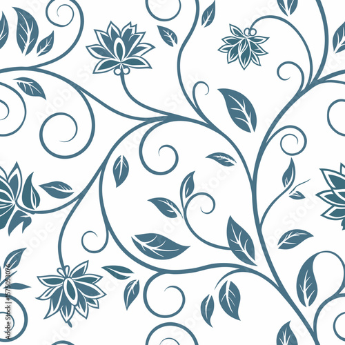 A seamless blue floral pattern on a clean white background, featuring elegant hand-drawn flowers and swirls—ideal for modern decor, fabric, and stationery.