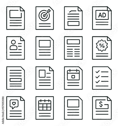Marketing & Advertising Docs line art icons. Flyer print, brochure page, campaign brief, ad copy sheet, client pitch, brand sheet, newsletter layout, promo offer, press release,