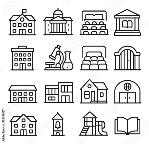 Educational Buildings line art icons. School building, university campus, lecture hall, library, dormitory icon, science lab, auditorium, school gate, classroom wing, student