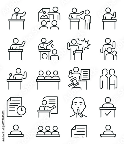 Court Procedures line art icons. Opening statement, evidence presentation, cross-examination, witness oath, final argument, verdict announcement, objection icon, sidebar