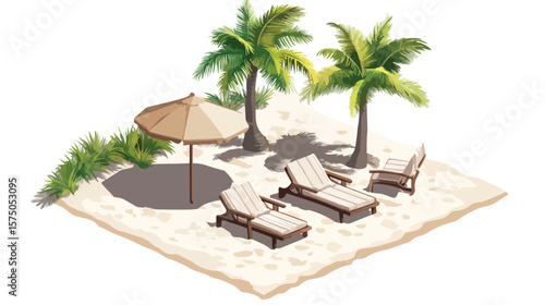 Tropical Sand Beach Isometric View with Sun, Palm Trees, and Ocean