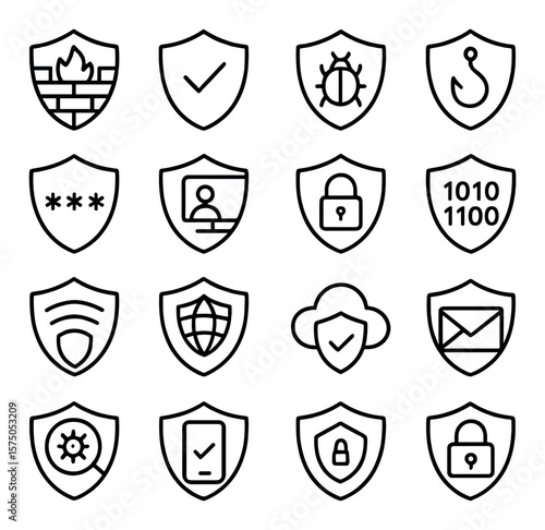Cybersecurity Shields line art icons. Firewall shield, antivirus protection, malware shield, phishing blocker, password shield, secure login, encryption symbol, data breach shield,