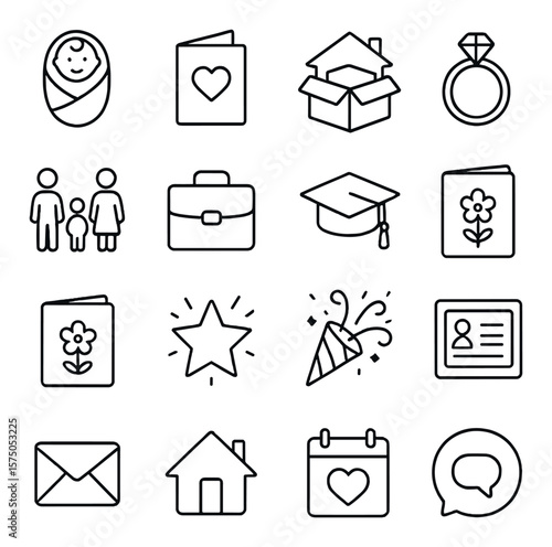 Personal Life Announcements line art icons. Baby announcement, wedding invite, moving notice, engagement ring icon, family update, new job icon, graduation cap, retirement card,