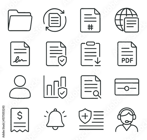 Policy Management line art icons. Policy folder, renewal icon, policy number, online portal, signature field, contract icon, update form, policy PDF, policyholder icon, coverage