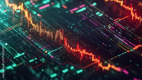 Candlestick trading chart with red and green bars shows cryptocurrency market activity, with technical indicators and volume data at bottom reflecting price fluctuations. Generative by AI