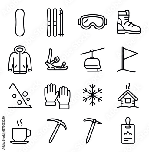 Winter Sports line art icons. Snowboard, skis, ski poles, snow goggles, snow boots, winter jacket, snowboard bindings, ski lift, trail flag, avalanche icon, thermal gloves,