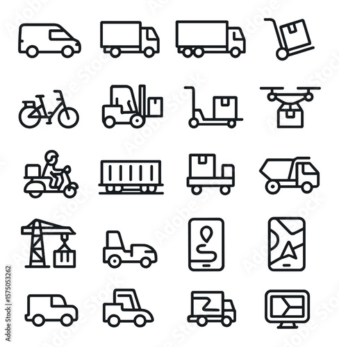 Transport Vehicles line art icons. Cargo van, delivery truck, semi-trailer, hand trolley, cargo bike, forklift, pallet jack, drone delivery, scooter courier, train freight,