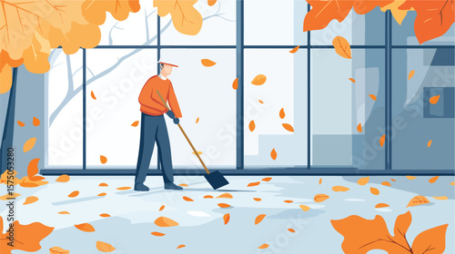 Efficient Janitor Sweeping Fallen Leaves - Professional Cleaning Service Illustration