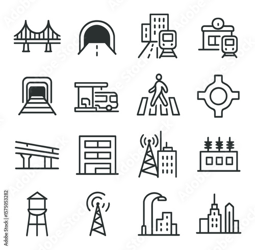 Urban Infrastructure line art icons. Bridge structure, tunnel entrance, road with building, train station, subway exit, bus terminal, pedestrian crosswalk, roundabout icon, flyover