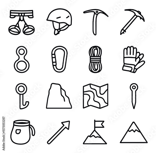Mountain Climbing line art icons. Climbing harness, helmet, ice axe, crampons, belay device, carabiner clip, rope coil, climbing gloves, anchor bolt, rock face, topographic map,