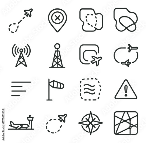 Aerial navigation line art icons. flight path, waypoint, airspace zones, restricted area, navigation beacon, VOR station, approach pattern, holding pattern, altitude levels, wind