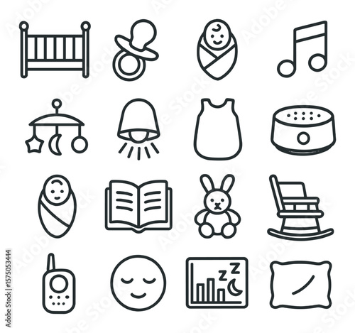 Sleep & Comfort line art icons. Crib icon, pacifier, baby blanket, lullaby note, mobile toy, nightlight, sleep sack, white noise machine, swaddle wrap, bedtime book, soft toy,