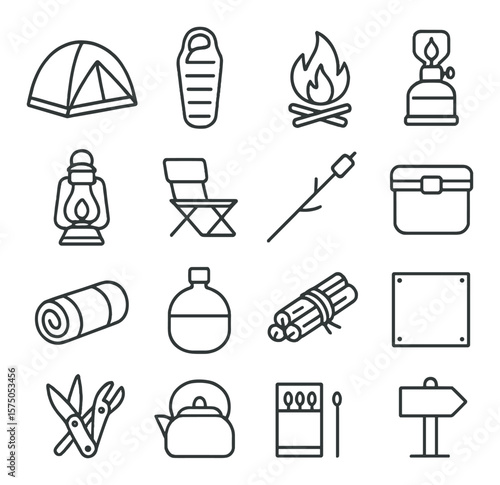 Camping Gear line art icons. Tent, sleeping bag, campfire, camping stove, lantern, folding chair, marshmallow stick, cooler box, ground mat, canteen, firewood bundle, tarp sheet,