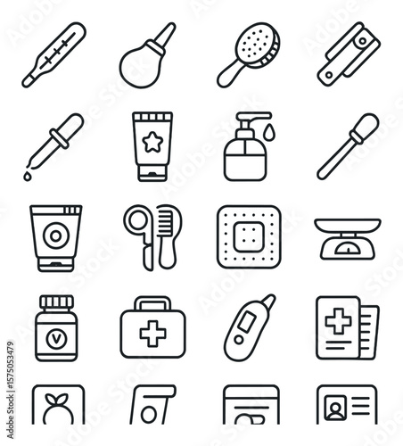 Health & Hygiene line art icons. Thermometer, nasal aspirator, baby brush, nail clipper, medicine dropper, teething gel, hand soap, baby toothbrush, rash cream, grooming kit, fever