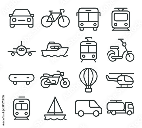 Transportation Types line art icons. Car, bicycle, bus, train, airplane, boat, tram, scooter, skateboard, motorcycle, hot air balloon, helicopter, metro train, sailboat, van, fuel