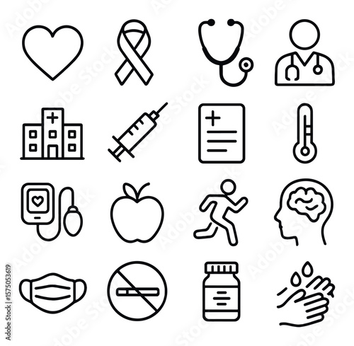 Health awareness icons line art icons. heart symbol, awareness ribbon, stethoscope, doctor figure, hospital building, vaccine syringe, medical chart, thermometer, blood pressure