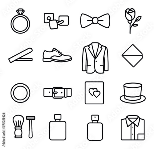 Groom Essentials line art icons. Wedding ring, cufflinks, bow tie, boutonniere, tie clip, dress shoes, suit jacket, wristwatch, pocket square, belt, wedding vows card, groom hat,