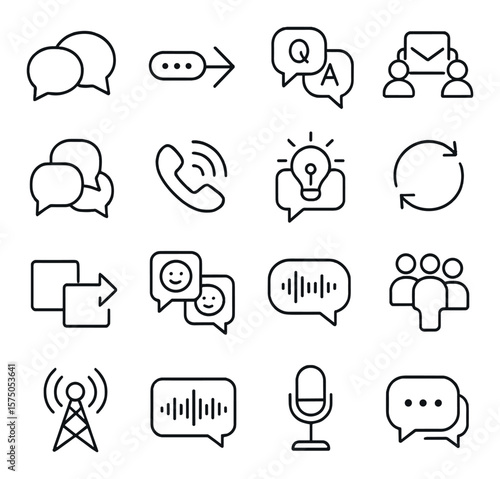 Team Communication line art icons. Speech bubbles, message flow, question and answer, shared inbox, chat group, call icon, idea ping, feedback loop, note passing, emojis in