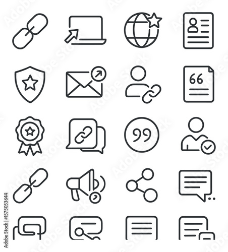 Off-Page SEO line art icons. Backlink icon, referral traffic, domain authority, guest post icon, trust score, outreach message, anchor profile, citation symbol, influencer badge,