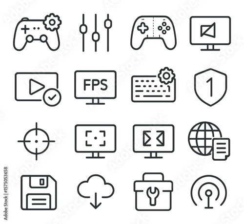Gaming UI Settings line art icons. controller config, audio mixer, gamepad layout, HUD toggle, video quality, FPS monitor, key bindings, difficulty level, crosshair chooser,