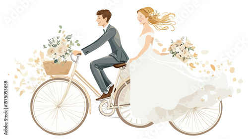 Joyful Just Married Couple - Bride and Groom Riding
