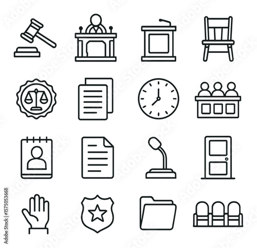Courtroom Symbols line art icons. Gavel, judge bench, witness stand, courtroom chair, court seal, legal documents, courtroom clock, jury box, courtroom sketch pad, transcript icon,