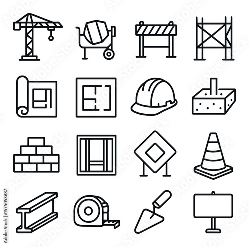 Construction Elements line art icons. Crane icon, concrete mixer, construction barrier, scaffolding, blueprint roll, building plan, safety helmet, foundation icon, bricks stack,