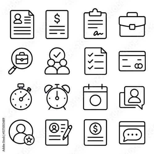 Freelance creative tools line art icons. resume document, invoice icon, contract clipboard, portfolio icon, gig search, job match icon, task list, payment method icon, work timer,