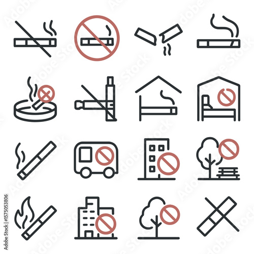 No smoking signage line art icons. cigarette with cross, cigarette inside red circle, broken cigarette icon, smoke rising crossed out, ashtray with ban mark, no vaping sign,