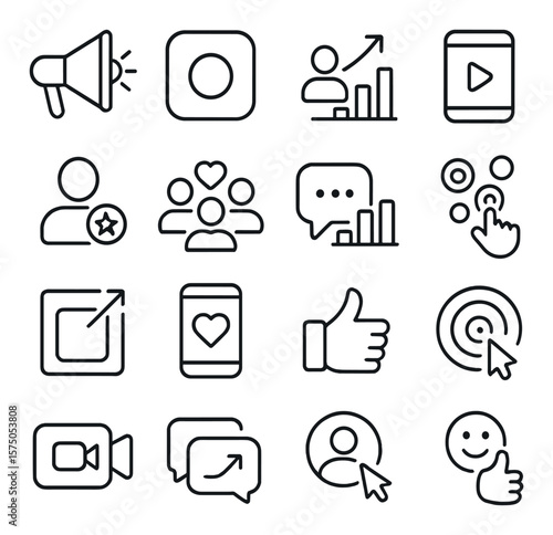 Social Media Advertising line art icons. Boost post icon, social platform icon, follower graph, promoted story, influencer ad, audience engagement, comment analytics, click heatmap