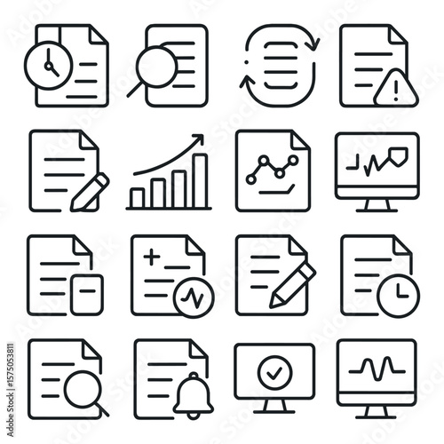 Data File Monitoring line art icons. Watch file icon, log viewer, change tracker, sync indicator, file update alert, modification icon, data growth icon, file analytics, monitoring