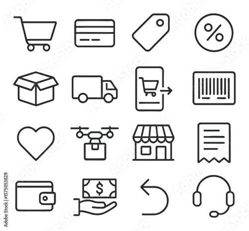 Online Shopping line art icons. Shopping cart, payment card, price tag, discount icon, order box, shipping truck, mobile checkout, barcode scanner, wishlist heart, delivery drone,