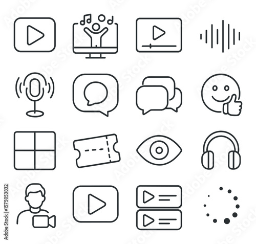 Online Entertainment line art icons. Streaming play icon, digital concert, movie screen, music wave, podcast episode, live chat, comment stream, reaction emoji, playlist grid,