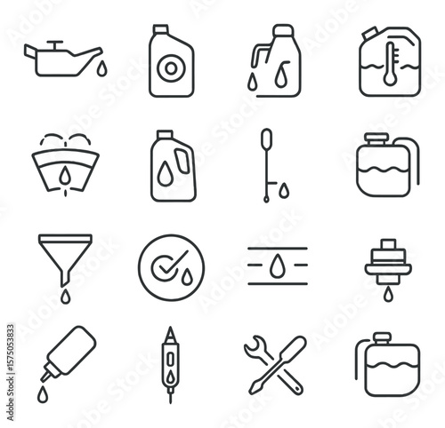 Vehicle Fluids line art icons. Engine oil, brake fluid, transmission fluid, coolant, windshield washer fluid, power steering fluid, oil dipstick, coolant reservoir, fluid funnel,