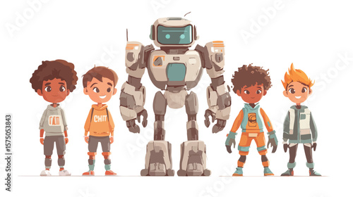 Kids Making Cute Futuristic Robot Cartoon Character