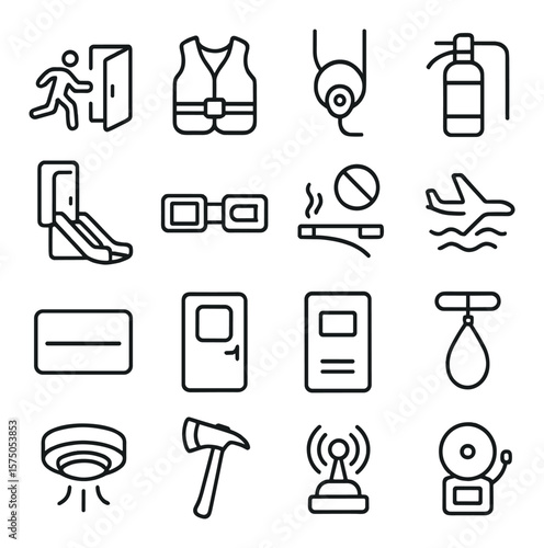 Aircraft safety line art icons. emergency exit, life vest, oxygen mask, fire extinguisher, evacuation slide, seatbelt sign, no smoking sign, turbulence warning, black box, cockpit