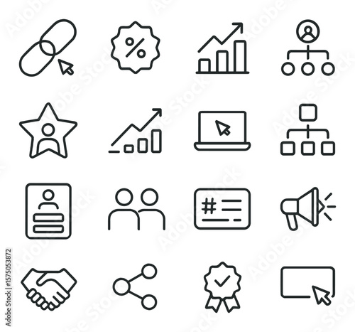 Affiliate and Influencer Marketing line art icons. Affiliate link, promo code, commission chart, referral path, influencer badge, earnings graph, traffic referral, UTM builder,
