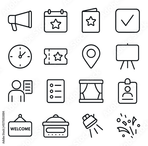 Event Announcements line art icons. Megaphone, calendar star, invite card, RSVP icon, countdown clock, event ticket, location pin, event board, speaker schedule, guest list, stage