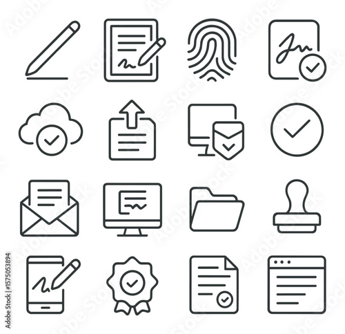 Digital Signature Workflow line art icons. Stylus pen, tablet with document, digital fingerprint, e-signature icon, cloud approval, upload document, encryption lock, verified
