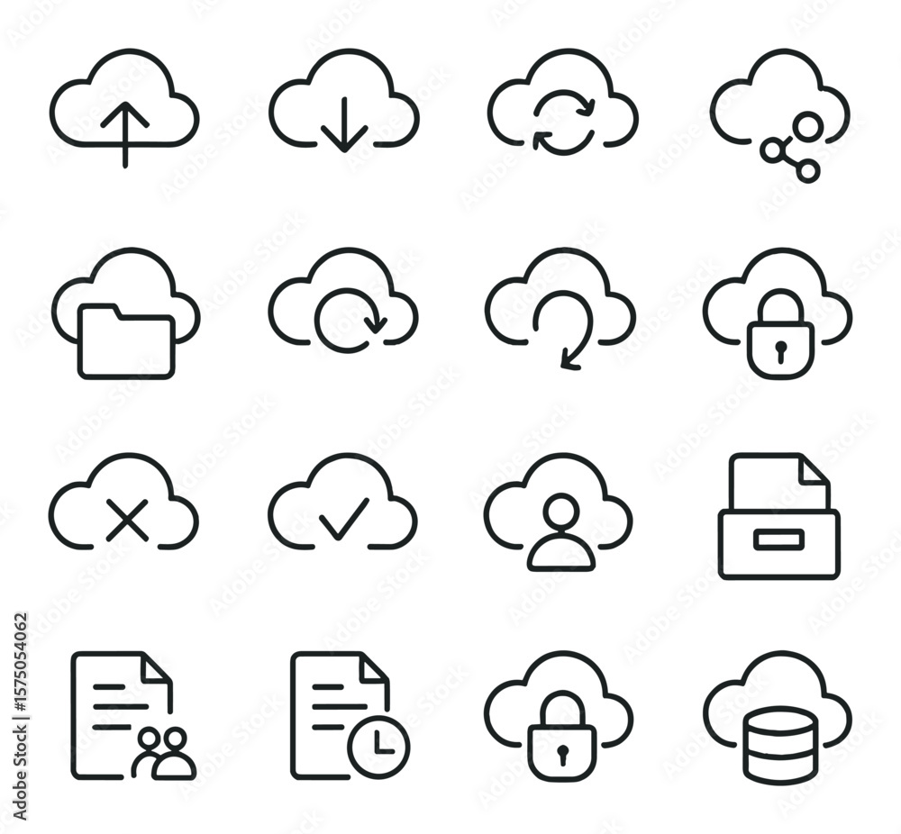 Cloud File Handling line art icons. Upload to cloud, download from cloud, sync to cloud, share via cloud, cloud folder, cloud backup, cloud restore, file encryption, cloud delete, Cloud File Handling line art icons. Upload to cloud, download from cloud, sync to cloud, share via cloud, cloud folder, cloud backup, cloud restore, file encryption, cloud delete,