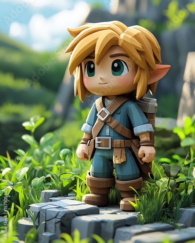 A stylized cartoon character standing on stone blocks in a grassy outdoor environment with a backpack. perfect for educational content, book covers, and creative storytelling.