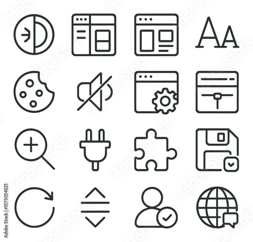 Website Personalization line art icons. theme switch, sidebar toggle, content layout, text contrast, cookie preferences, ad settings, toolbar position, reader mode, page zoom,