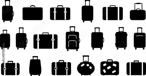 Black and white silhouette illustration of a collection of assorted suitcases
