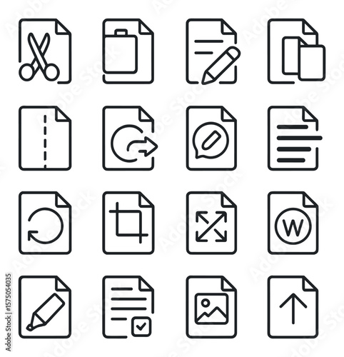 File Editing Tools line art icons. Cut file, paste file, edit file, merge files, split file, convert file, annotate file, redact file, rotate file, crop file, resize file, add