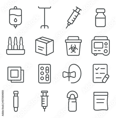 IV & Medication Support line art icons. IV bag, IV drip pole, syringe icon, injection vial, ampoule case, medication box, sharps container, infusion pump, alcohol swab, dosage