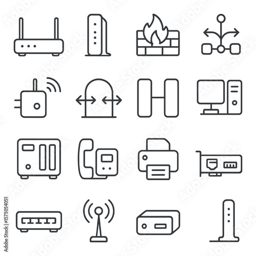Network Devices line art icons. Router, modem, firewall, load balancer, repeater, gateway, bridge, proxy server, NAS device, VoIP adapter, print server, network card, smart switch,